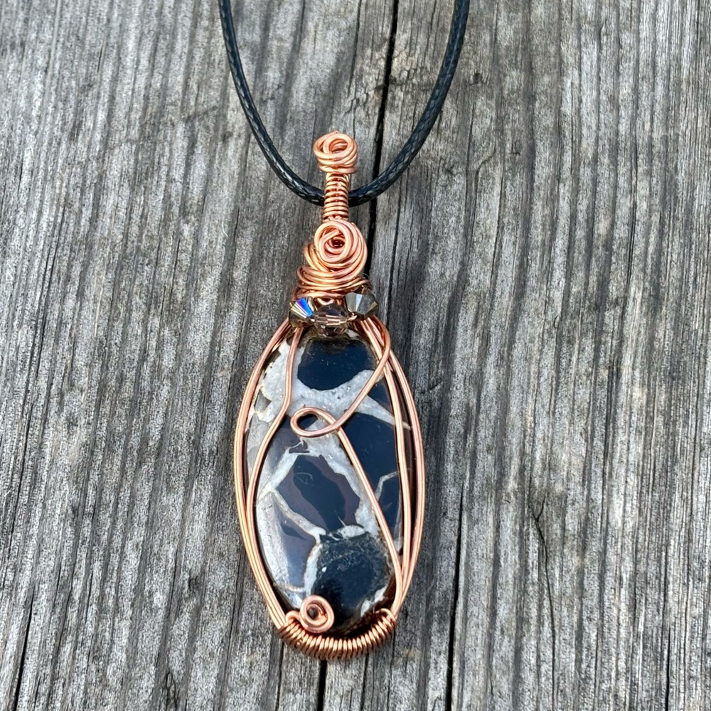 Handcrafted black Septarian Copper Wire Wrapped Pendant, dragon stone pendant